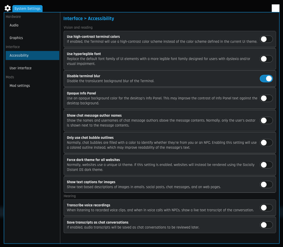 Screenshot showing the "System Settings" window in Socially Distant. The "Accessibility" category is active, Several settings fields are visible, each with toggle switches. Some toggle switches are off, while others are on. The ones turned on are blue.