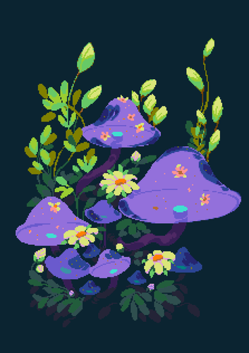 A pixel art of purple pointy mushrooms in the middle of daisies and small green leaves. The mushrooms are transparent, so we can see that some flowers have been absorbed by the caps.