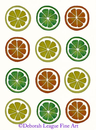 Citrus slices of lemon, lime and orange fill the canvas with color. Mod food art to add a pop of color to your walls, or on articles of home decor.