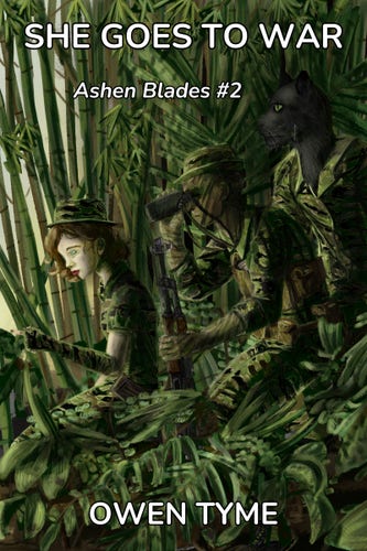 The cover for She Goes to War, illustrated by Ryan Johnson.

Three characters in the jungles of Vietnam, in 1972.

(Left) Little Miss Secret, a girl that appears seventeen, wearing a tiger-stripped camouflage top hat, dress and finger-less, elbow-length camouflage gloves, pointing out of frame, to the left.

(Center) Staff Sergeant Ignacio Greer, leaning on an AK-47 as he looks through a pair of binoculars.  He's also dressed in tiger-stripe camouflage, but wears a large, brown vest with large pockets to hold ammo for his weapon.  In Special Forces fashion, he wears camouflage grease paint.

(Right) Clayton Simmons, the private detective partner of Little Miss Secret, in his cat-man form, also dressed in tiger-stripe camouflage.  He's much taller than the other two and appears as a hybrid of man and panther, with green eyes.

