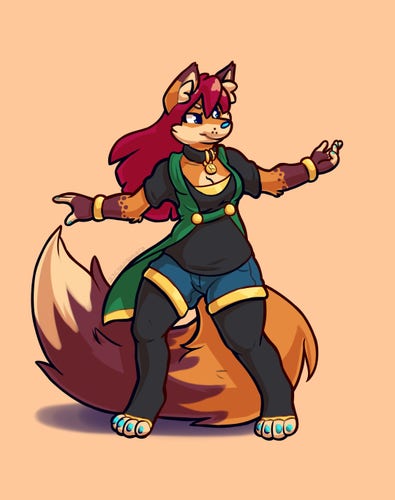 A drawing of my fursona Roxy, an orange, brown, and tan fox. She is in a fighting stance, ready to do some combat