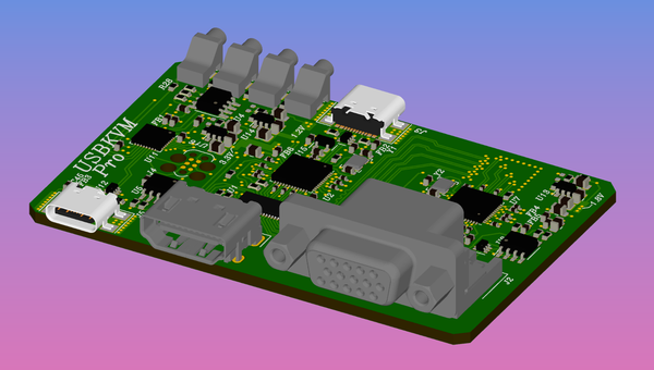 3D rendering of the USBKVM Pro board with VGA, HDMI and 2 USB-C connectors.