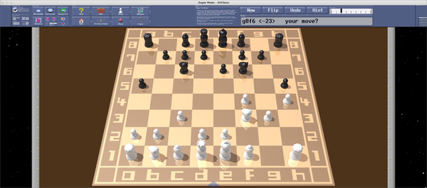 🕶️ A view of his UI with emChess, an easy-to-use chess program for playing human versus computer.

📚️ Eagle Mode is a libre, multi-platform, multi-function zoomable user interface (ZUI), including an innovative file manager (virtually unlimited zoom) - the nerve center of this interface, utilities (multiple players including audio/video, multi-function clock, Linux kernel configurator, ...) and games (3D chess game, Netwalk game, and a 3D minesweeper).  The integrated chess game is in 3D, with an AI for occasional players whose search depth is configurable. Games are not time-controlled, and pawns are converted into Queens when they reach the last row of the opponent's side.