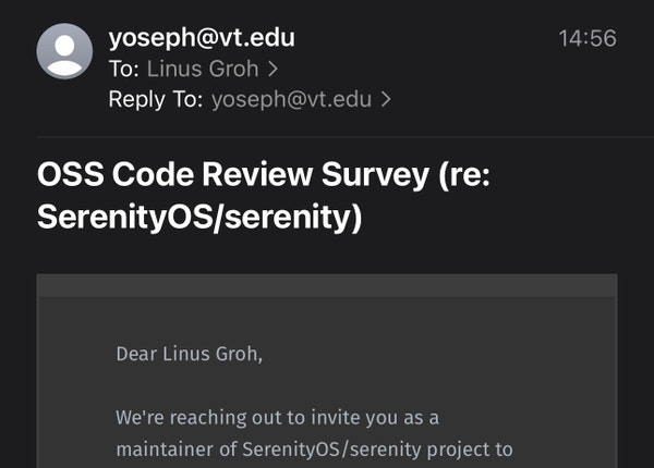 OSS Code Review Survey email claiming I'm a maintainer of SerenityOS/serenity