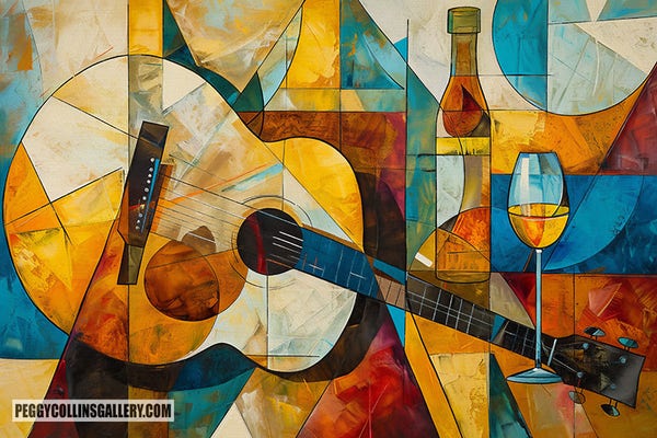 Abstract artwork in a cubist style of an acoustic guitar, wine glass and wine bottle, by artist Peggy Collins.