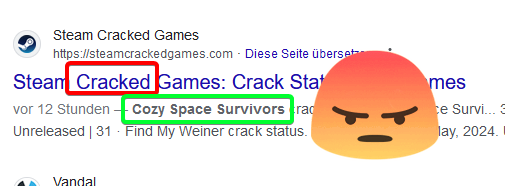 screenshot showing a google search result from "steam cracked games" where my game "cozy space survivors" is listed.