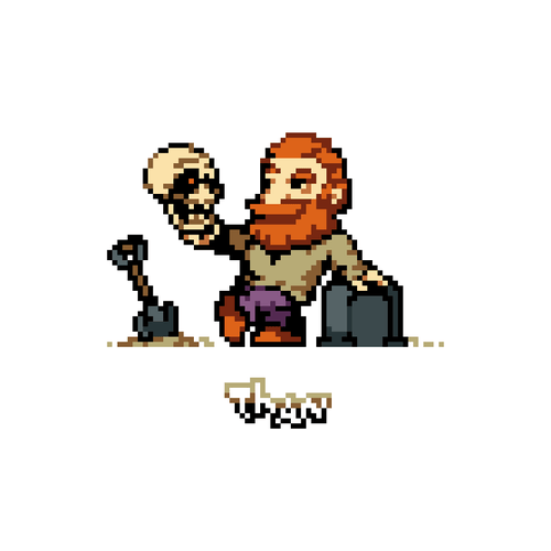A pixel fanart of the Graveyard Keeper from the game Graveyard Keeper, he's leaning on a tombstone and holding Gerry, a talking skull. On the left there is a shovel stuck in the ground. The background is a solid color.