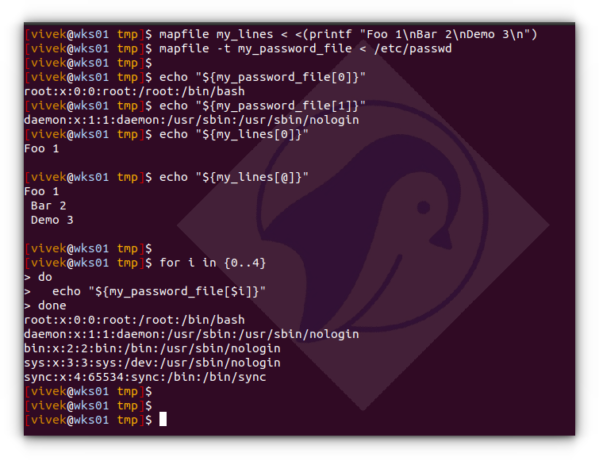 Bash mapfile command demo under Linux