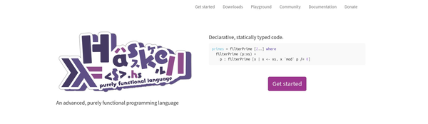 The Haskell.org landing page with an alternative, bouncier logo made of the word "Haskell" and its equivalent in Japanese kanjis.