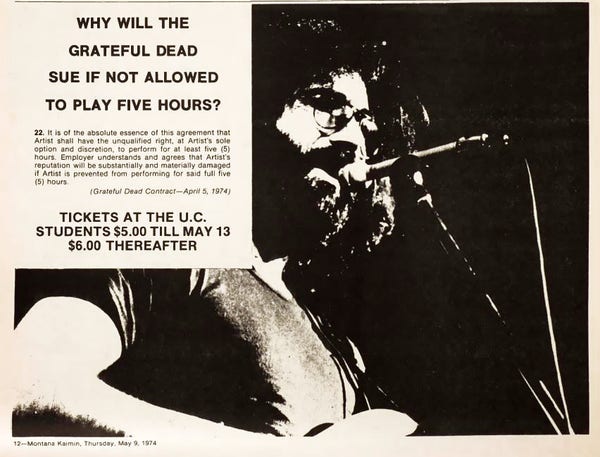 WHY WILL THE GRATEFUL DEAD SUE IF NOT ALLOWED TO PLAY FIVE HOURS? with excerpt from contract plus picture of Jerry Garcia