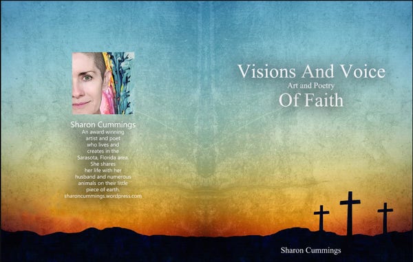 Book cover about Christian faith with 3 silhouetted crosses and a sunset in orange and blue by artist and poet Sharon Cummings.