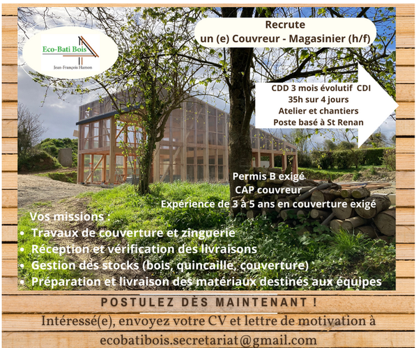 annonce de recrutement pour un.e couvreur.e, passée par l'entreprise Eco Bati Bois de Saint Renan (Finistère)