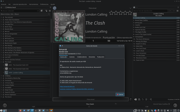 Captura de pantalla que muestra el reproductor de música Amarok de KDE en su recién versión 3.0 reproduciendo el disco London Calling de The Clash en un sistema GNU/Linux openSUSE Tumbleweed

keep on rocking in the free world!!