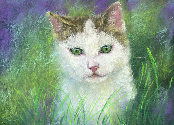 Curious Cat in the Green Meadow is a pastel painting in landscape format painted by the artist Karen Kaspar. A cute little cat is sitting in a meadow, looking out attentively and curiously between the green blades of grass. The kitten has a white coat, the ears and the upper part of the head are brown mackerel. The green eyes reflect the lush green of the grasses. 