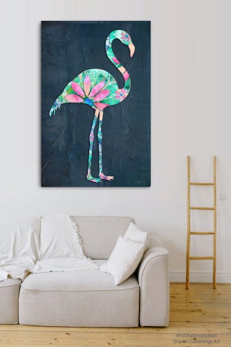 Colorful flamingo in blue, pink and green with big daisy flowers on it, on a dark blue background by artist Sharon Cummings.