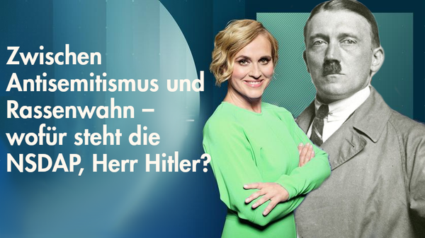 Caren Miosga posiert lächelnd vor Hitler. Links steht: »Zwischen Antisemitismus und Rassenwahn – wofür steht die NSDAP, Herr Hitler?«