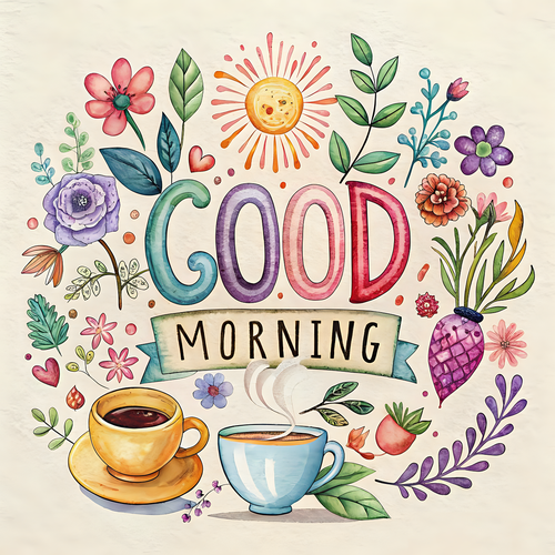 white background with red, green, blue , and purple color as flowers with words saying Good morning in the middle