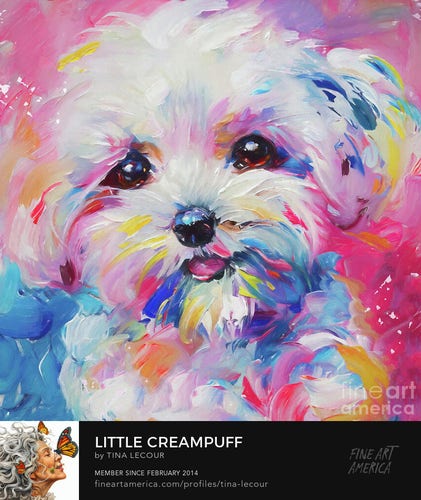 This is a digital art painting of a colorful portrait of an adorable happy Bischon Frise puppy named Creampuff!