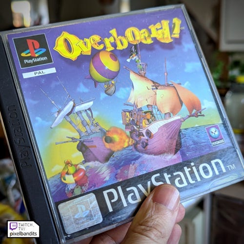A copy of the ps1 game overboard, showing pirate ships at war.