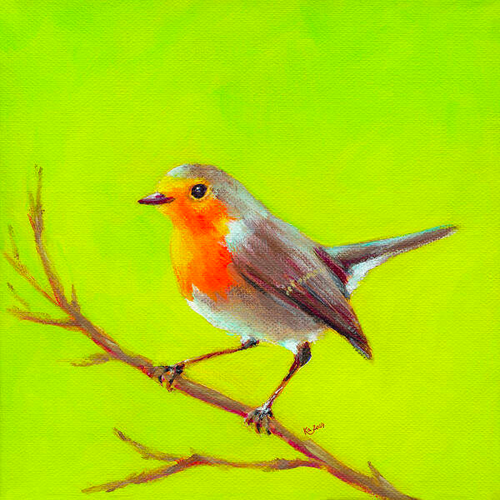 Robin in the green is an acrylic painting in contemporary square format hand-painted by the artist Karen Kaspar. A European Robin sits on a branch and looks to the left. The background is abstractly painted in different shades of light green. The orange-red breast feathers of the songbird stand out against the green.
The robin is a welcome visitor to my garden and always inspires me to create new paintings.