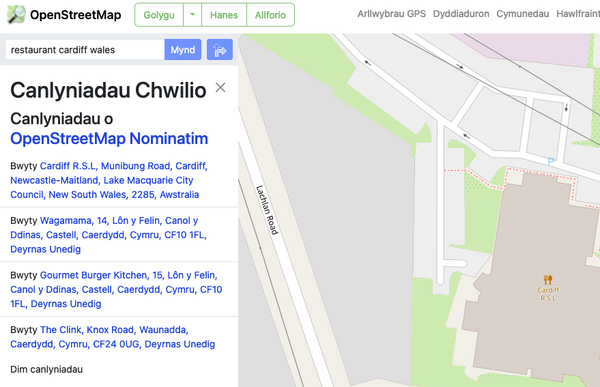 Map of search for restaurant in Cardiff Wales. Only four results, with the top one being in Australia.
