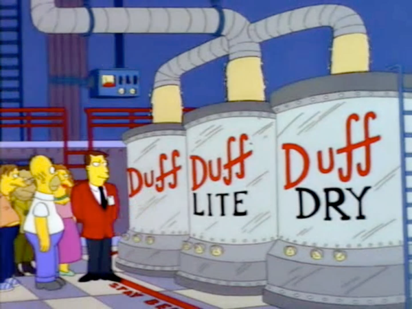 Simpsons screenshot of the Duff brewery where the same beer pipe goes into three vats of beer that claim to hold 3 different brews.