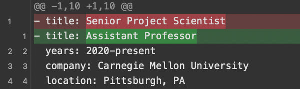Git diff showing title change from Senior project scientist to assistant professor. 