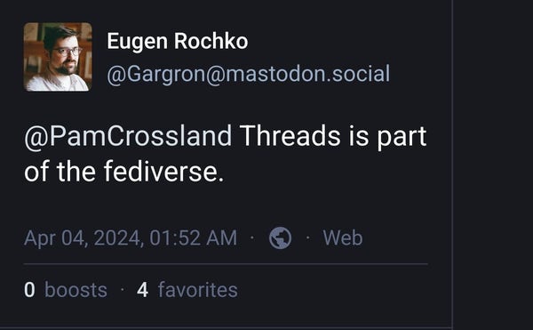 Capture d'un toot réponse de Eugen Rochko "Threads est une part du Fediverse."