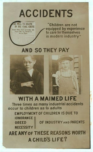 This image is an old black and white advertisement. The central focus of the ad is a photograph featuring two boys, one on each side. They appear to be in period clothing, with the boy on the left wearing a suit and tie and the boy on the right dressed in overalls. The text on the poster includes a bold warning "ACCIDENTS" at the top, followed by an excerpt from a news article that discusses industrial accidents involving children.

The rest of the ad features a detailed explanation of safety precautions for children in the workplace and at home. It stresses the importance of adult supervision and the need for a safe environment to prevent accidents. The overall message conveyed by the advertisement is one of caution and the significance of ensuring the wellbeing of children, particularly in relation to industrial safety.