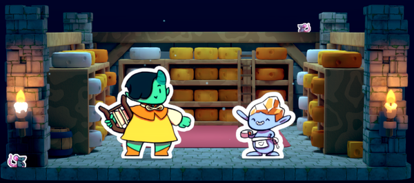 A screenshot from the game Baladins showing two characters in a cheese cellar.
