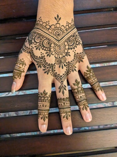 The back of a hand with intricate henna design