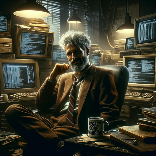 A seasoned technologist with a touch of gray in their hair smirks while leaning back in a chair, surrounded by a dimly lit, cluttered workspace. 

The scene is illuminated by the glow from multiple vintage computer monitors, showcasing streams of code. 

Amidst stacks of old technology manuals and scattered coffee cups, a prominently displayed mug reads 'Legacy Code Warrior'. The technologist's worn-out business casual attire and relaxed, confident posture convey a blend of experience, sarcasm, and pride in their unique skill of navigating and fixing outdated systems. 

The gritty atmosphere highlights the challenging yet often underappreciated task of maintaining ancient code.