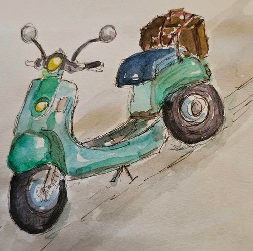 Aquarell: Kleiner, hellgrüner Retro-Motorroller mit festgeschnslltem Koffer auf dem Gepäckträger 

Watercolor: Small, light green retro scooter with strapped suitcase on the luggage rack