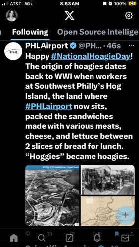 Happy #NationalHoagieDay! The origin of hoagies dates back to WWI when workers at Southwest Philly’s Hog Island, the land where #PHLairport now sits, packed the sandwiches made with various meats, cheese, and lettuce between 2 slices of bread for lunch. “Hoggies” became hoagies.