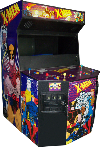 Image of a deluxe "X-Men" arcade cabinet, featuring two monitors and six individual joystick/button setups. It's a huge cabinet, with the control area forming a huge hexagon in front of the monitors.