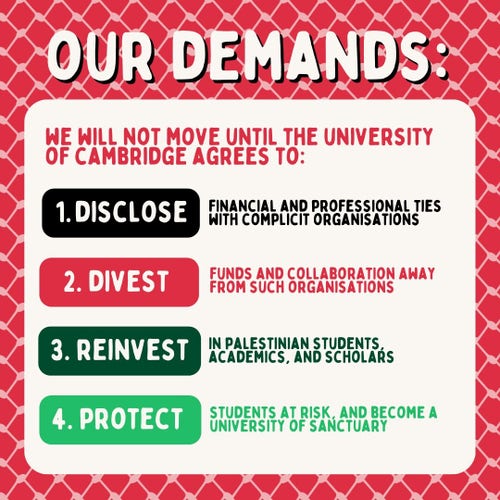 Cambridger for Palestine demands: 
1. Disclose
2. Divest
3. Reinvest
4. Protect