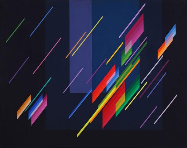 An assortment of diagonal lines and rhombuses in bright colors against a dark blue background