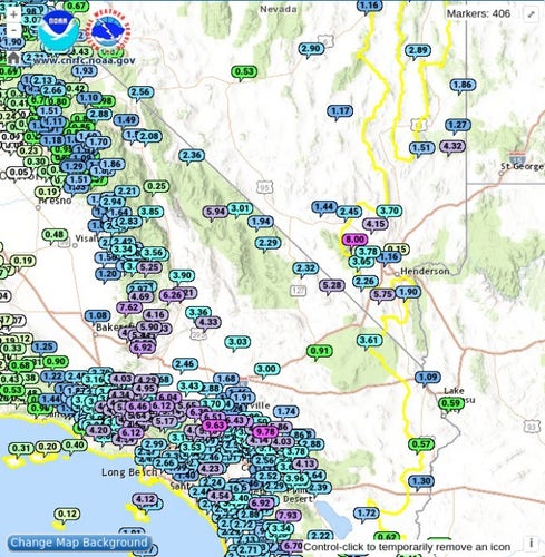 Rainfall map showing 2.29 inches in Badwater, Death Valley.