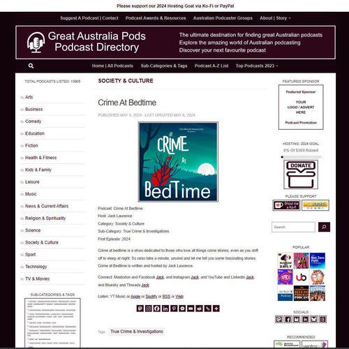 Crime At Bedtime
Screenshot of the podcast listing on the Great Australian Pods website