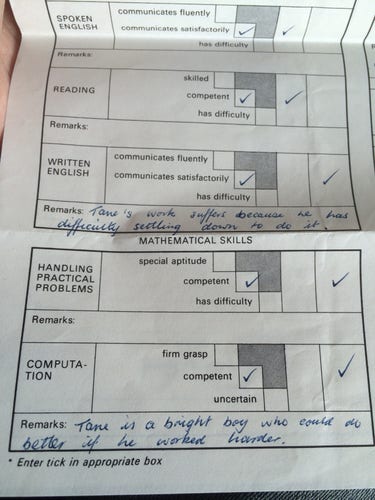 A photo of my school report where I was marked as "competent" and that I'm a bright boy who must do harder