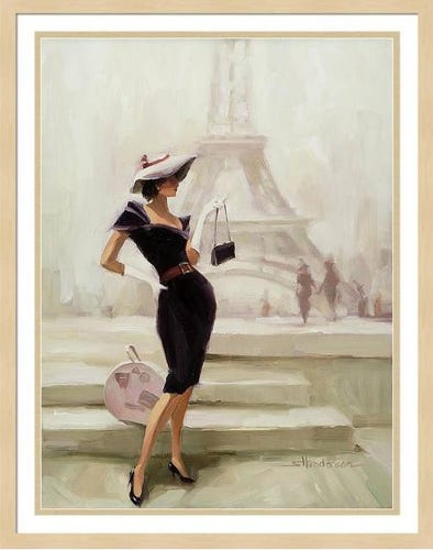 Framed print of an original oil painting in retro style showing a fashionista standing on the steps leading to the Eiffel Tower in France.