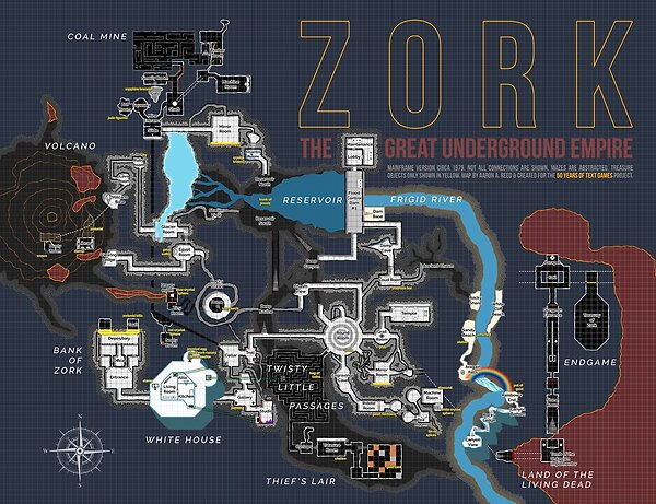 Complete map of the original mainframe version of text adventure classic Zork, circa 1979. Recreates room sizes, connections, dimensions etc with exacting detail based on the original game descriptions. Created for the "50 Years of Text Games" project.