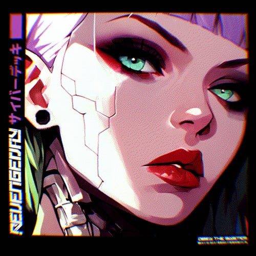 This is a stylized digital artwork of a female character with a partly cybernetic face, intense green eyes, and bold makeup. The image has a glitch aesthetic with Japanese text elements.
