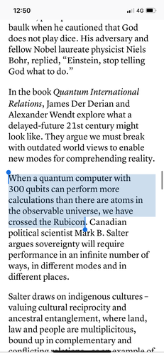 Screenshot from an opinion column. Highlighted quote reads: “ When a quantum computer with 300 qubits can perform more calculations than there are atoms in the observable universe, we have crossed the Rubicon”