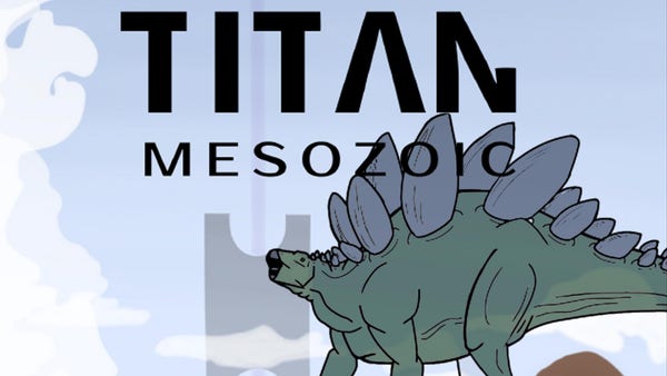 A drawing of a strange monolith against a clear sky that projects light skyward. A stegosaurus roars in the foreground. Overlaid text: Titan Mesozoic