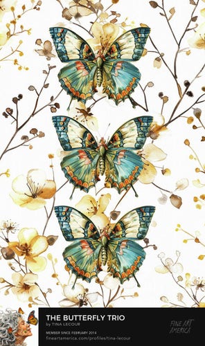 This is a mixed media botanical watercolor of three vertical teal butterflies with a yellow and white floral blossom background. 