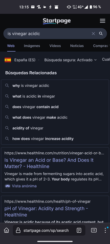 StartPage screenshot searching for is vinegar an acid
