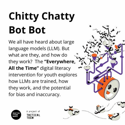 Chitty Chatty Bot Bot
We all have heard about large language models (LLM). But what are they, and how do they work?  The “Everywhere, All the Time” digital literacy intervention for youth explores how LLMs are trained, how they work, and the potential for bias and inaccuracy.