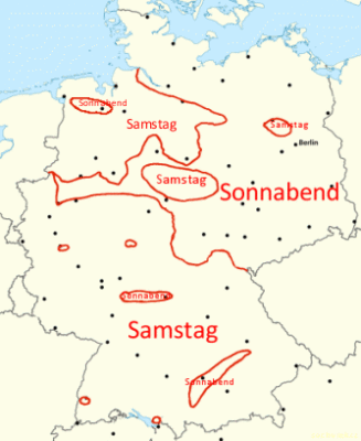 The map shows the geographical distribution of the use of "Samstag" and "Sonnabend" im Germany. 

Roughly, the North-East uses "Sonnabend", in Addition to that, the Soth of Lower Saxony, and some spots in the rest of the country.

The rest says "Samstag"

Source: Thüringer Allgemeine.