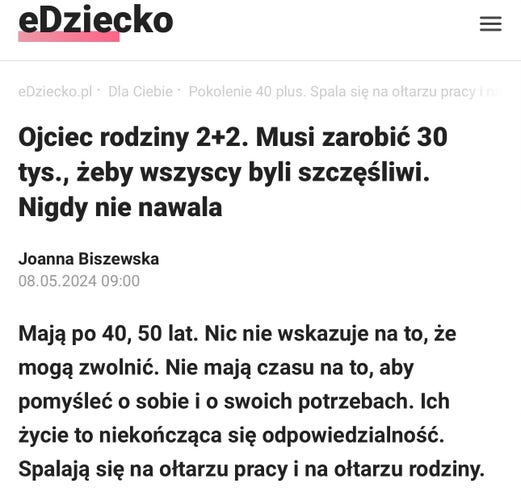 A screenshot of a Polish online article from "eDziecko" with the title "Ojciec rodziny 2 2. Musi zarobić 30 tys., żeby wszyscy byli szczęśliwi.